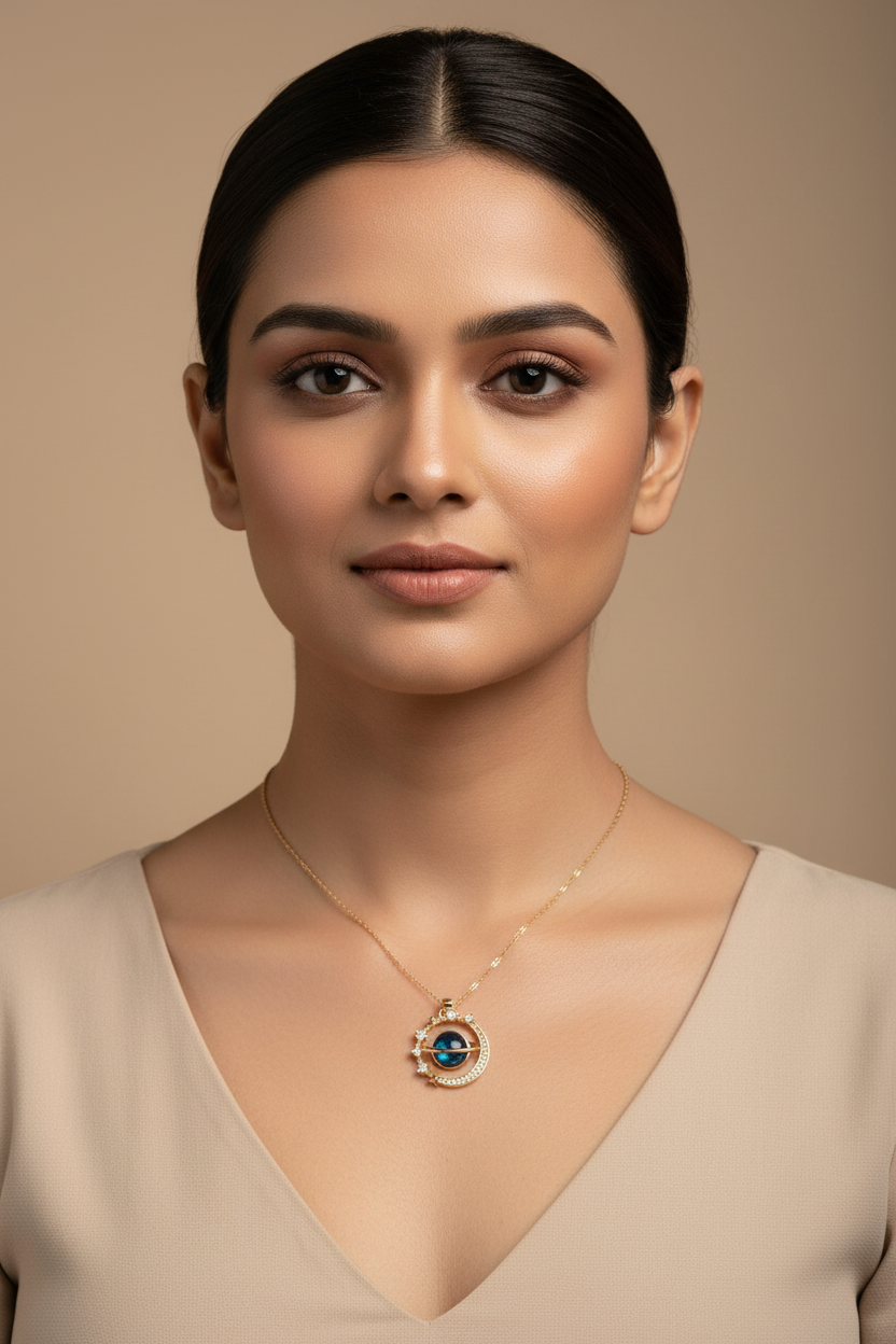 Luxury celestial pendant close-up portrait