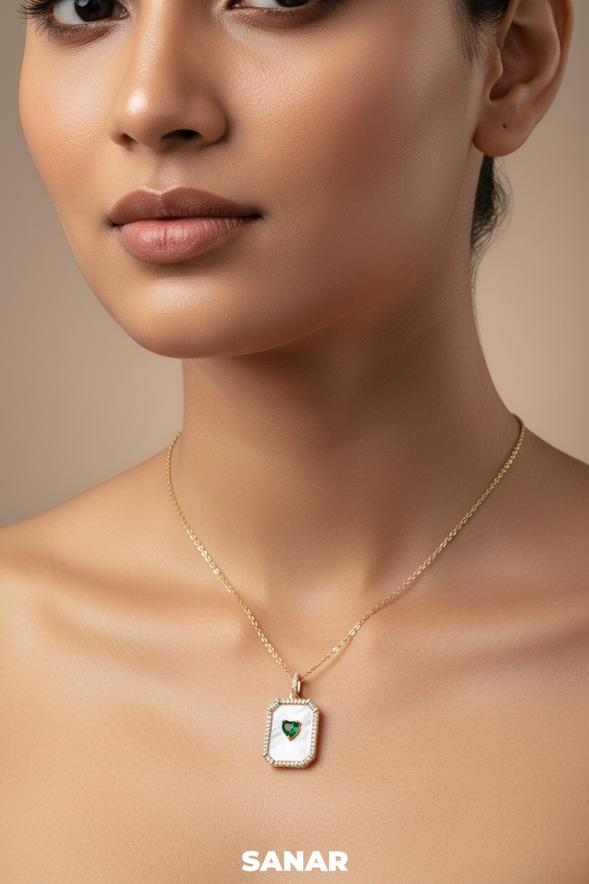 Premium close-up mother-of-pearl emerald pendant realistic scale